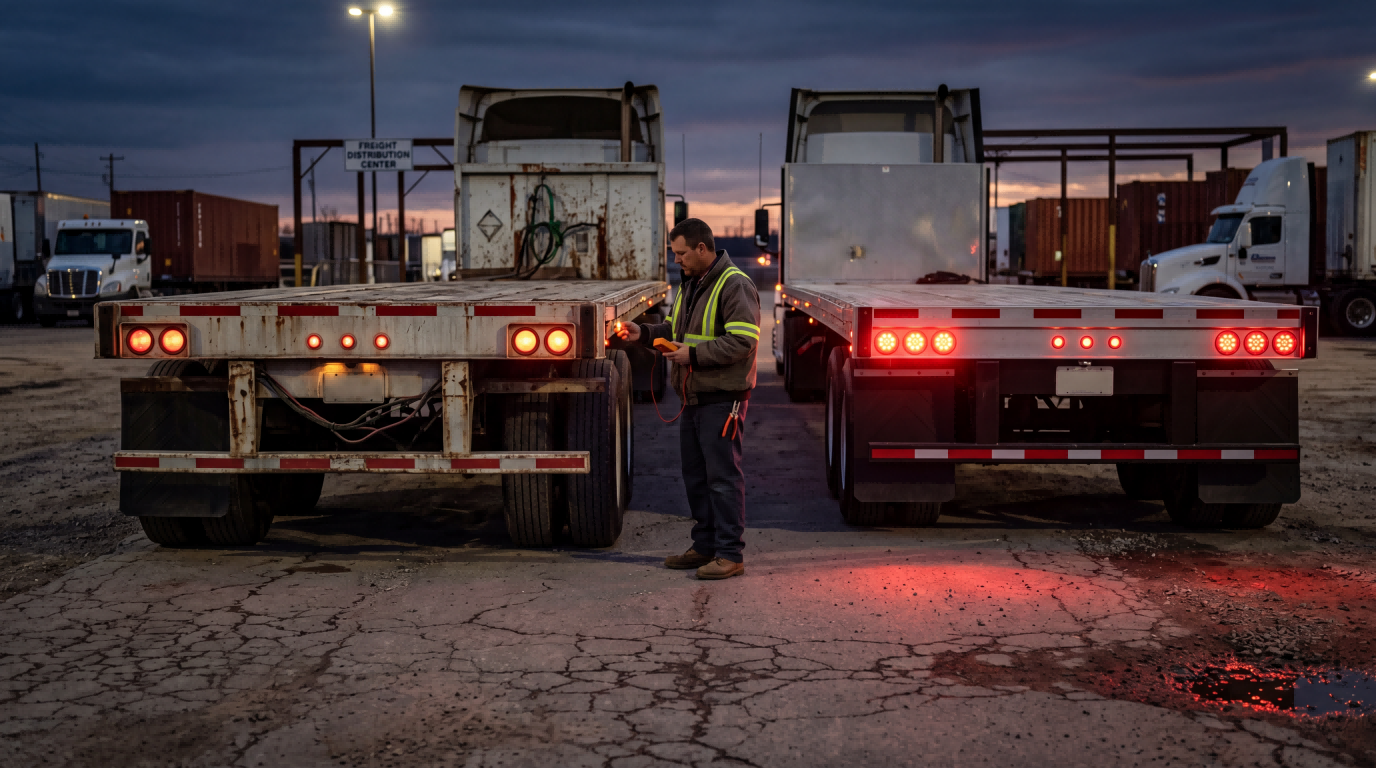 Comparison of older and upgraded commercial flatbed trailer lighting systems during maintenance inspection at dusk